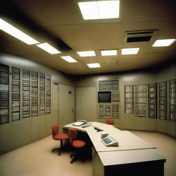 A penthouse data control room of a maximum-security penitentiary, taking architectural inspiration from the details given in the provided link.