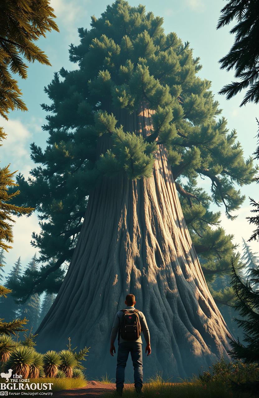 A large, wide pine tree towering majestically, with a human figure watching it from a distance