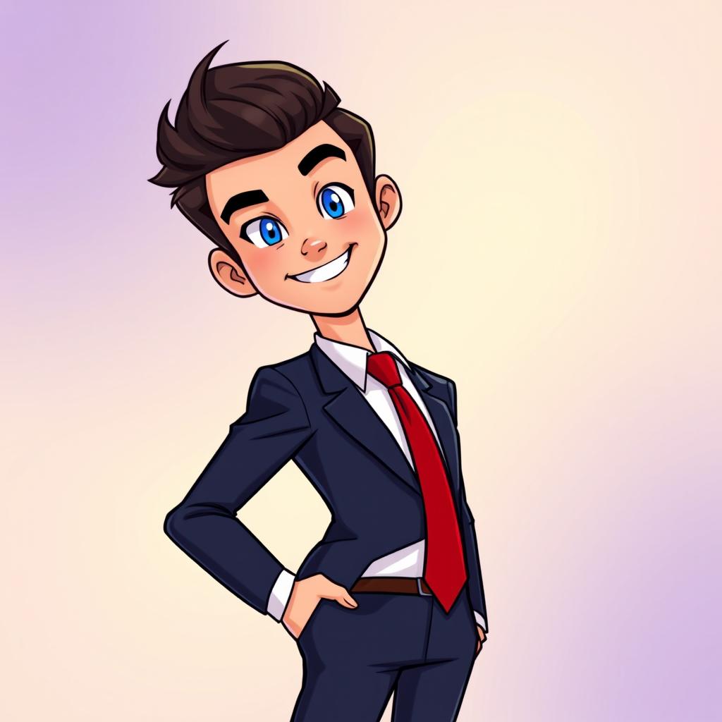 A charming and charismatic man in a sleek, tailored suit, depicted in a cartoon style