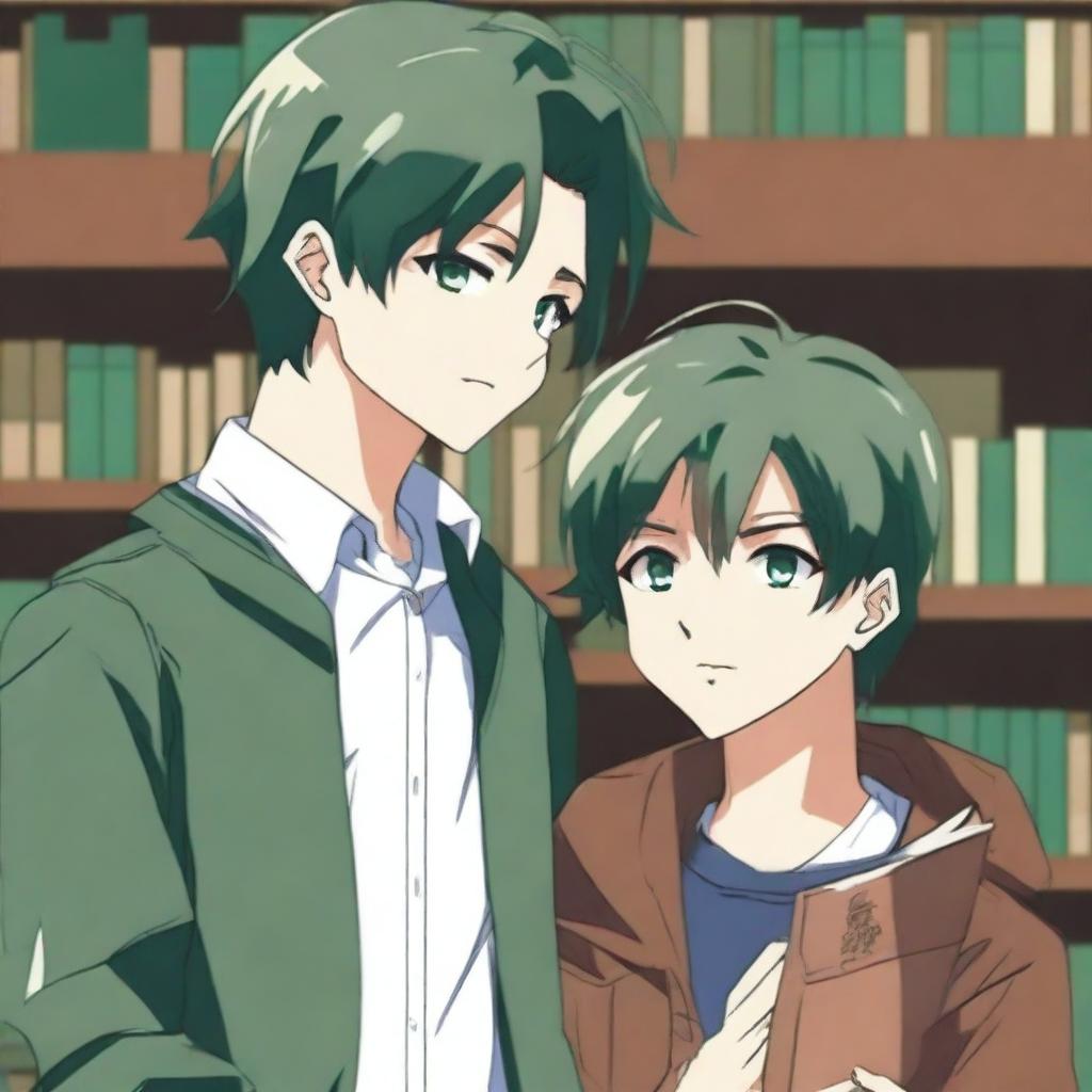 This is a high-quality anime-style image depicting a tender moment between two handsome high school boys in a library