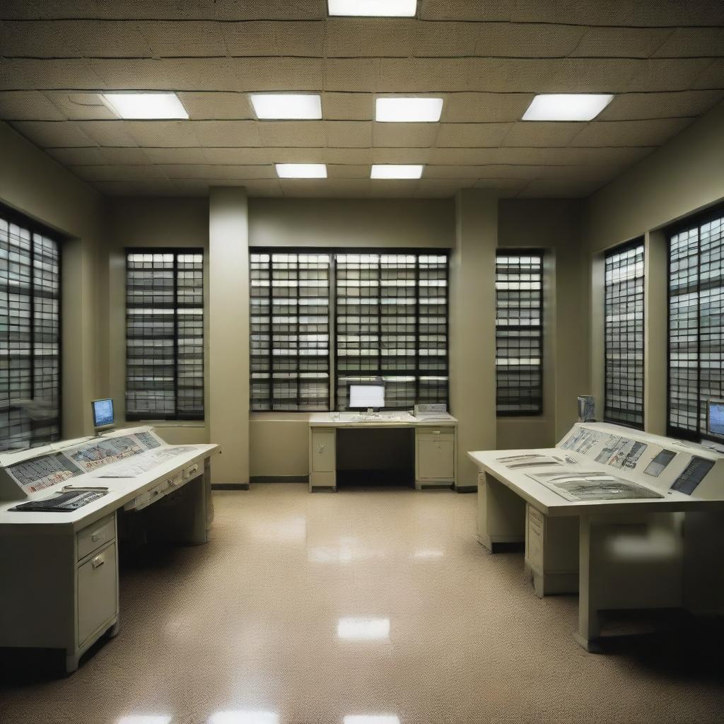 A penthouse data control room of a maximum-security penitentiary, taking architectural inspiration from the details given in the provided link.