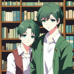 This is a high-quality anime-style image depicting a tender moment between two handsome high school boys in a library