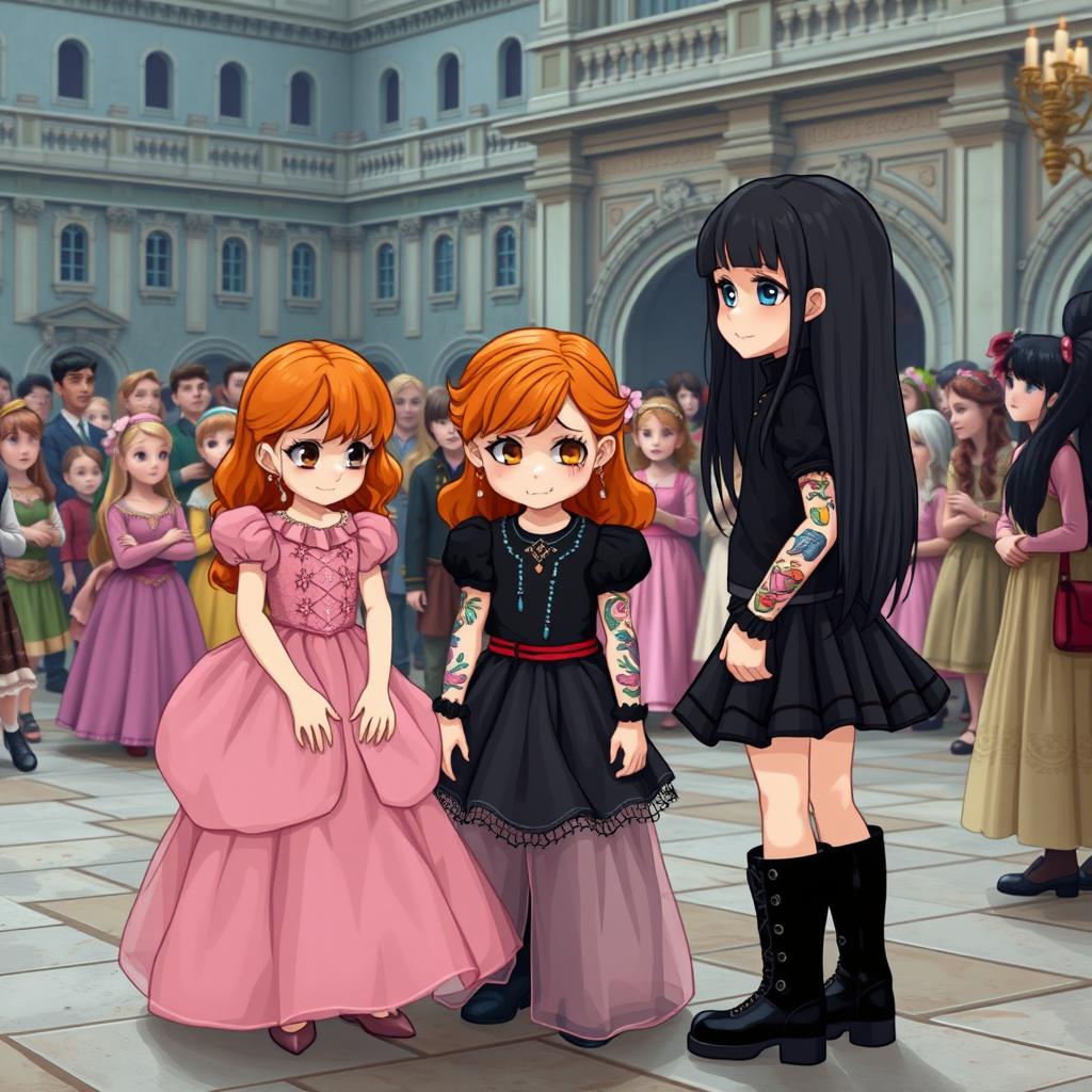 In the courtyard of a palace, a big commotion is taking place as all the court children, boys and girls dressed in elegant attire, celebrate a festive event