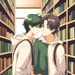 This is a high-quality anime-style image depicting a tender moment between two handsome high school boys in a library