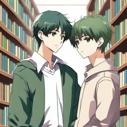 This is a high-quality anime-style image depicting a tender moment between two handsome high school boys in a library