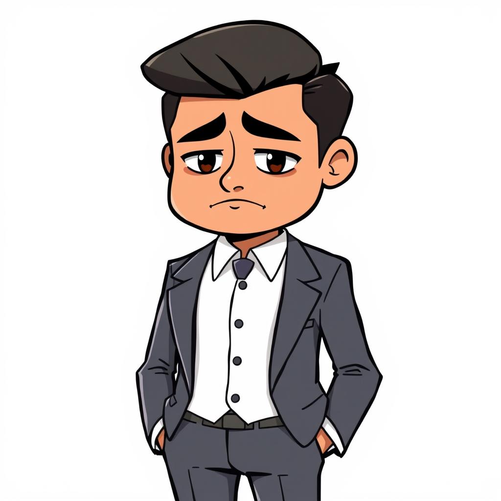A cartoon of a sad yet charismatic man wearing a sharp suit, standing with a slight slouch, hands in pockets