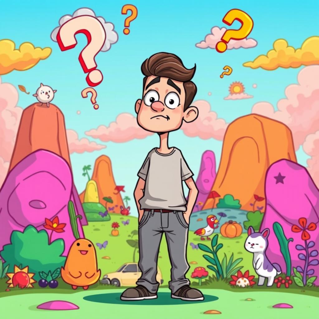 A cartoon illustration of a bewildered man standing in a colorful, exaggerated environment