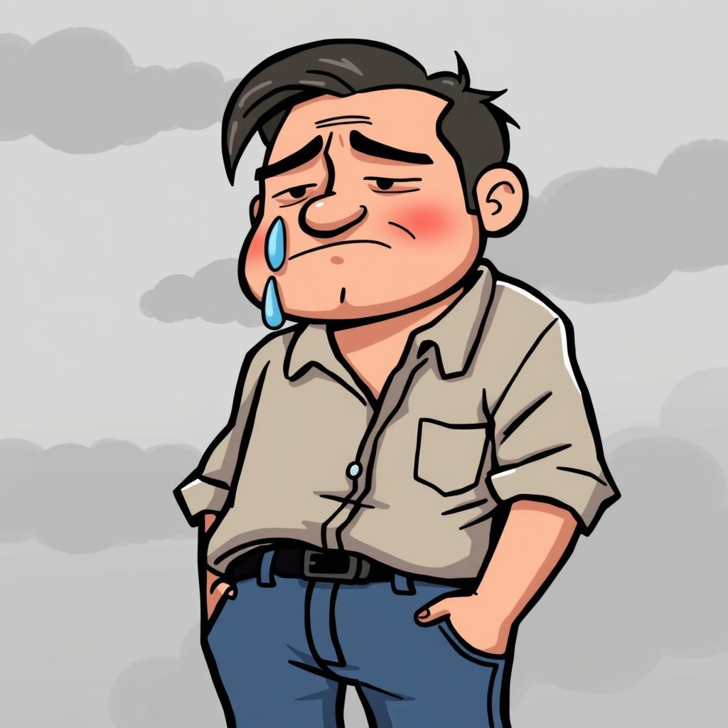 A cartoon illustration of a sad man, featuring a teardrop rolling down his cheek, slumped shoulders, and a frown