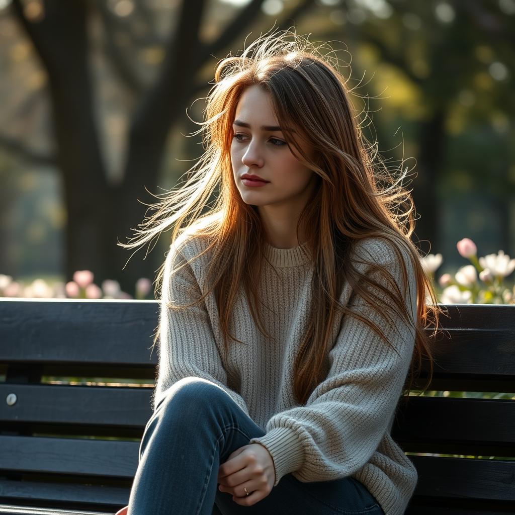 A natural young woman sitting on a park bench, with soft sunlight filtering through the trees, her face wet with tears as she reflects on a recent breakup