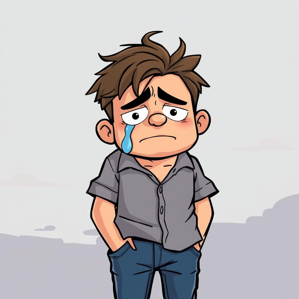 A cartoon illustration of a sad man, displaying a teardrop streaming down his cheek, with a slouched posture and a frown
