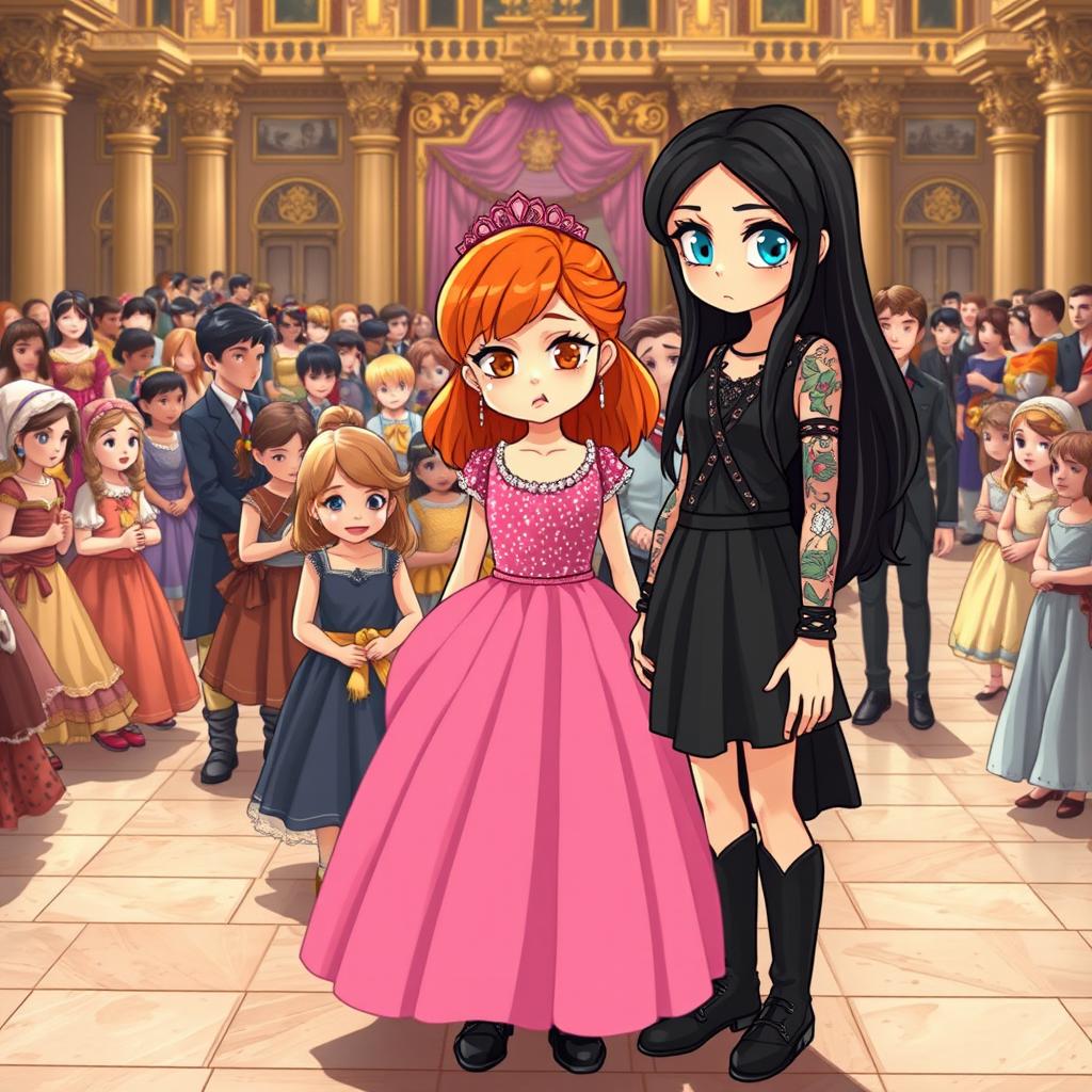 In the bustling courtyard of the palace, a grand celebration is underway with all the court children, both girls and boys, dressed in elegant attire