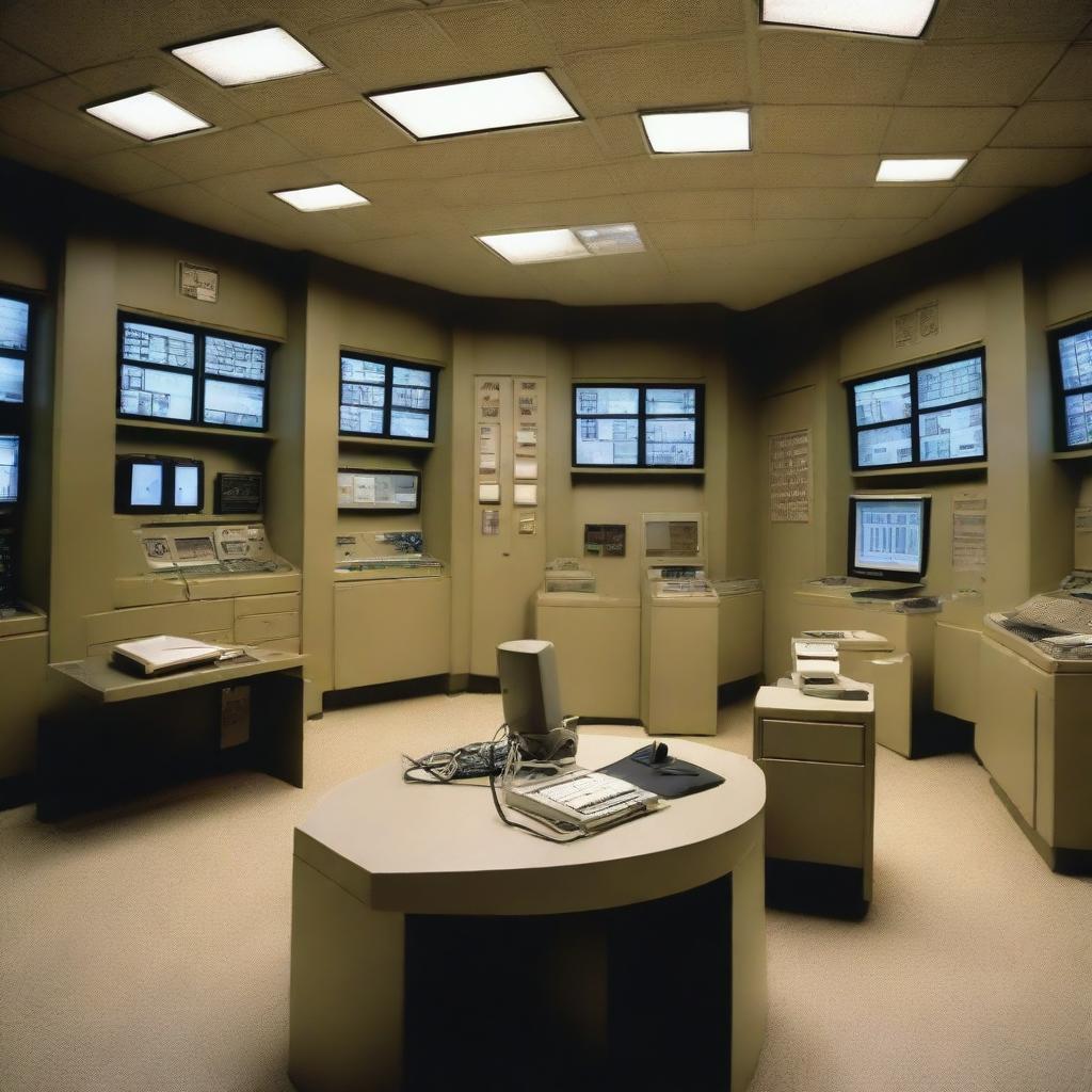 A penthouse data control room of a maximum-security penitentiary, taking architectural inspiration from the details given in the provided link.