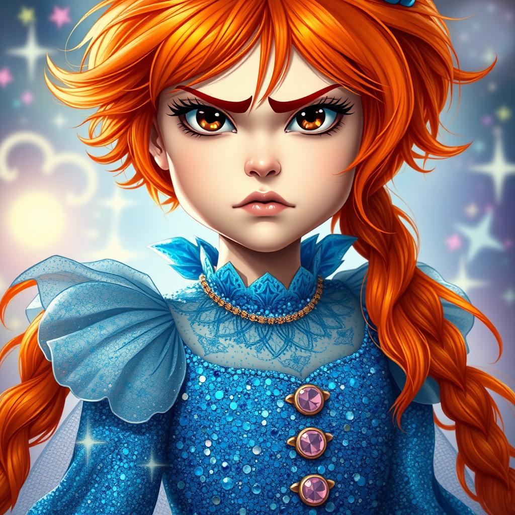 A girl with bright orange hair and dark brown eyes wears a sparkling and glittery blue dress that is messy yet extravagant