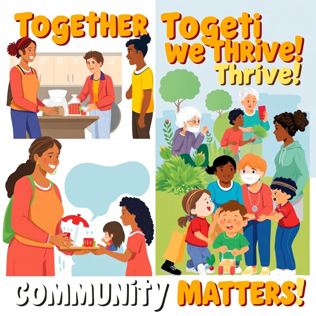 A vibrant and inspiring poster campaign illustrating a diverse group of people helping each other in various community settings