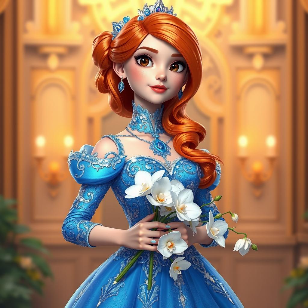 An 18-year-old girl with bright orange hair and dark brown eyes stands proudly, wearing a dazzling and glittery blue dress that is elaborate and eye-catching