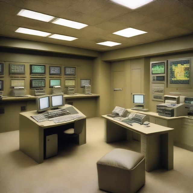 A penthouse data control room of a maximum-security penitentiary, taking architectural inspiration from the details given in the provided link.