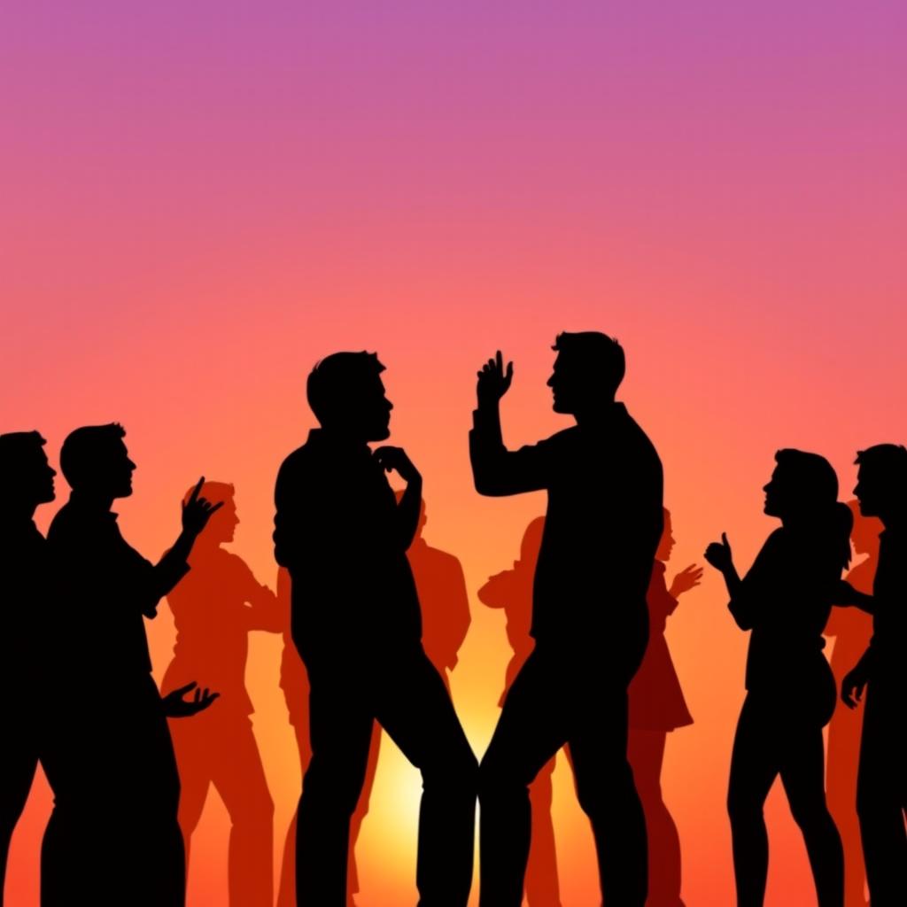 A dynamic silhouette scene featuring a diverse group of people engaged in conversation