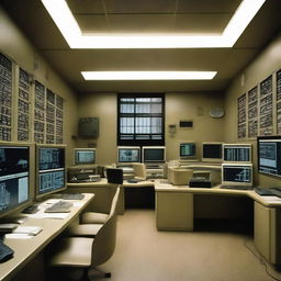 A penthouse data control room of a maximum-security penitentiary, taking architectural inspiration from the details given in the provided link.