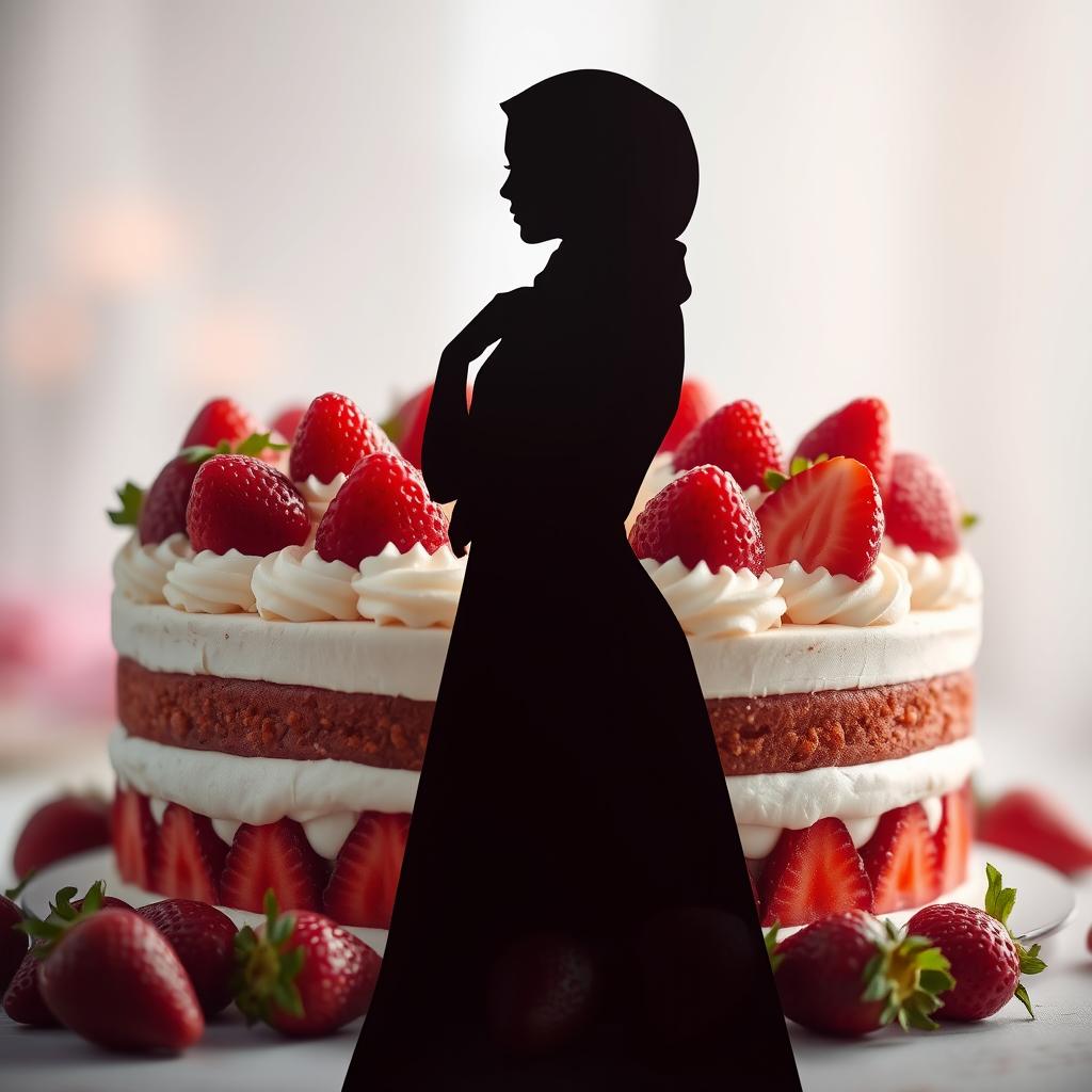 A silhouette of a woman wearing a hijab, standing gracefully with an elegant pose, surrounded by an artistic arrangement of a delicious strawberry cake