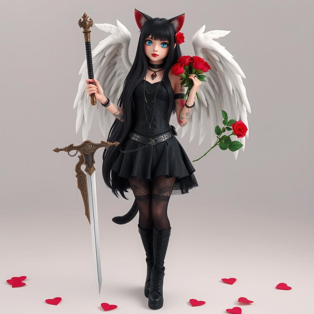 An 18-year-old girl with long black hair and large blue eyes stands gracefully with red lips and a beautiful face