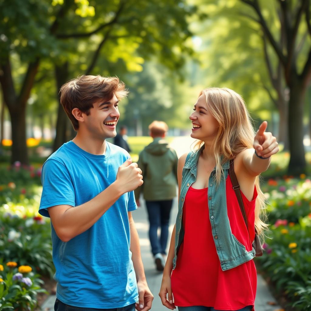 A vibrant scene depicting two friends standing side by side, each pointing excitedly at a third person in the distance
