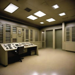 A penthouse data control room of a maximum-security penitentiary, taking architectural inspiration from the details given in the provided link.