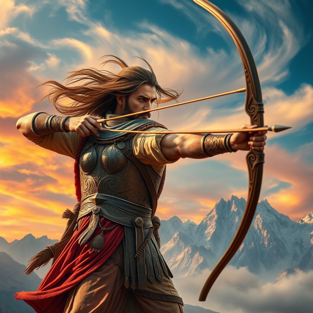 A strong and powerful Persian archer standing tall with a magnificent bow, fully drawn, ready to shoot an arrow