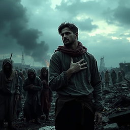 A war-torn scene infused with destruction and sorrow, showcasing distressed people in tattered clothing, looking sad and forlorn