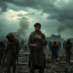 A war-torn scene infused with destruction and sorrow, showcasing distressed people in tattered clothing, looking sad and forlorn
