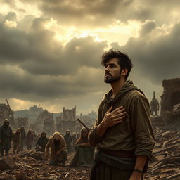 A war-torn scene infused with destruction and sorrow, showcasing distressed people in tattered clothing, looking sad and forlorn