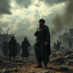 A war-torn scene infused with destruction and sorrow, showcasing distressed people in tattered clothing, looking sad and forlorn