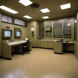 A penthouse data control room of a maximum-security penitentiary, taking architectural inspiration from the details given in the provided link.