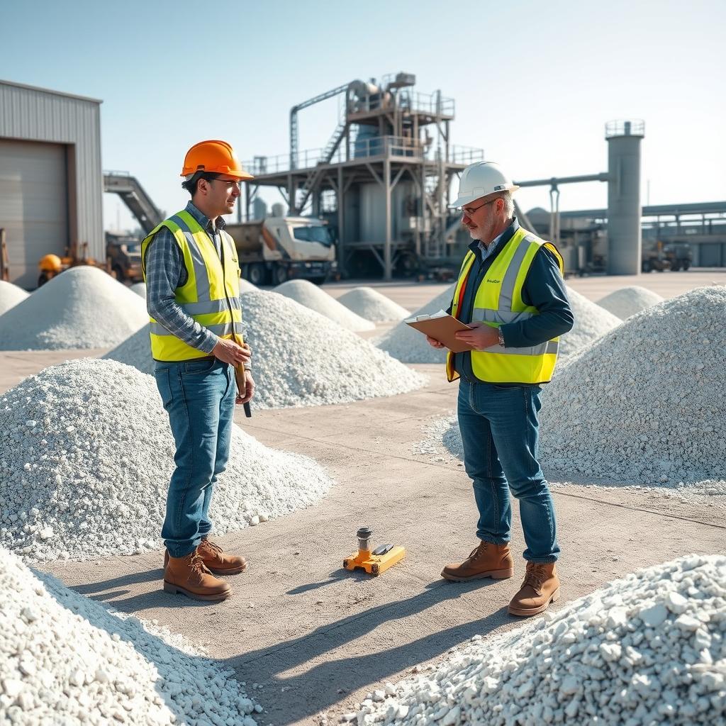 Two workers and one engineer examining several bulk storage piles of bentonite mineral inside the yard of a factory