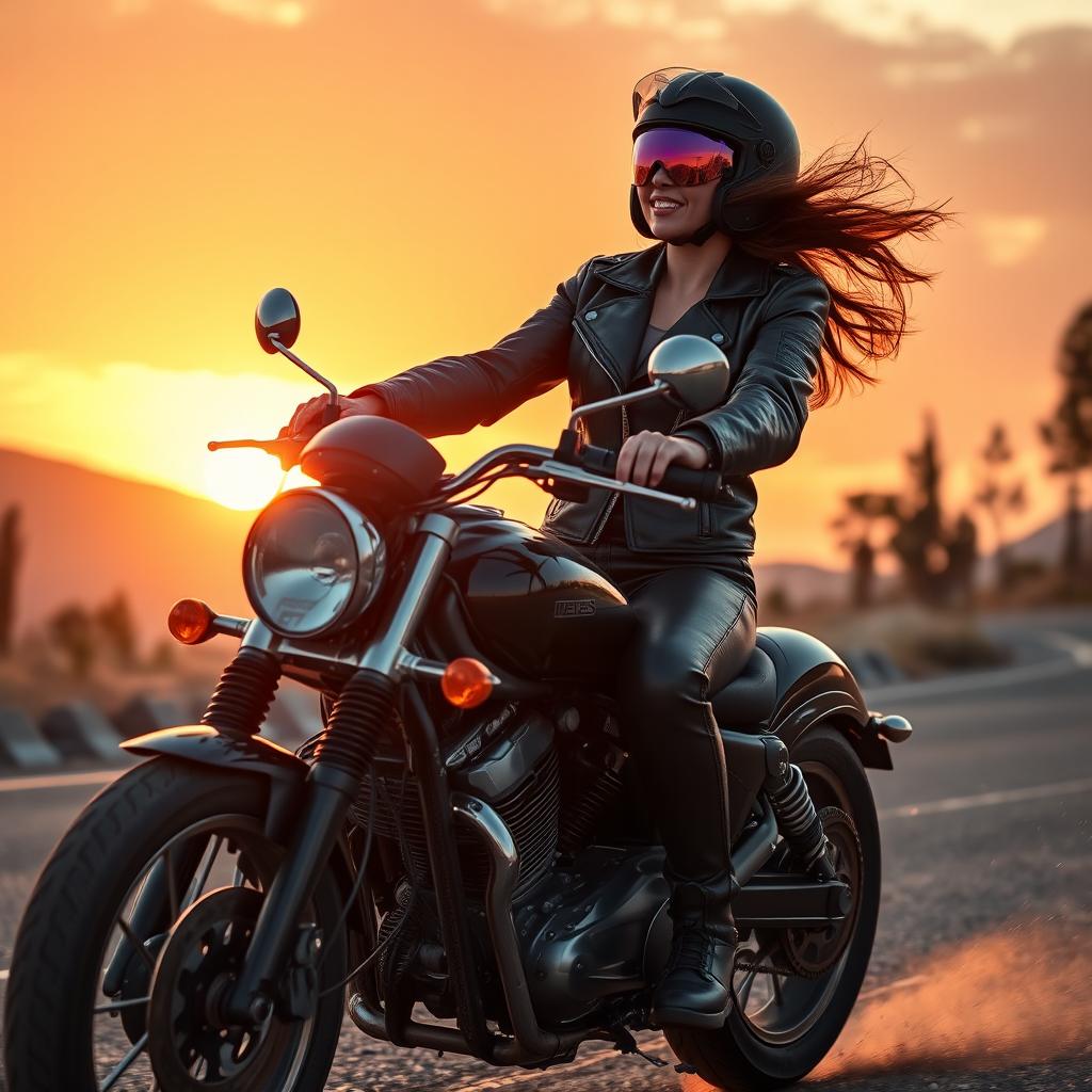 A confident woman in stylish leather riding gear, seamlessly cruising on a sleek, powerful motorcycle across an open road