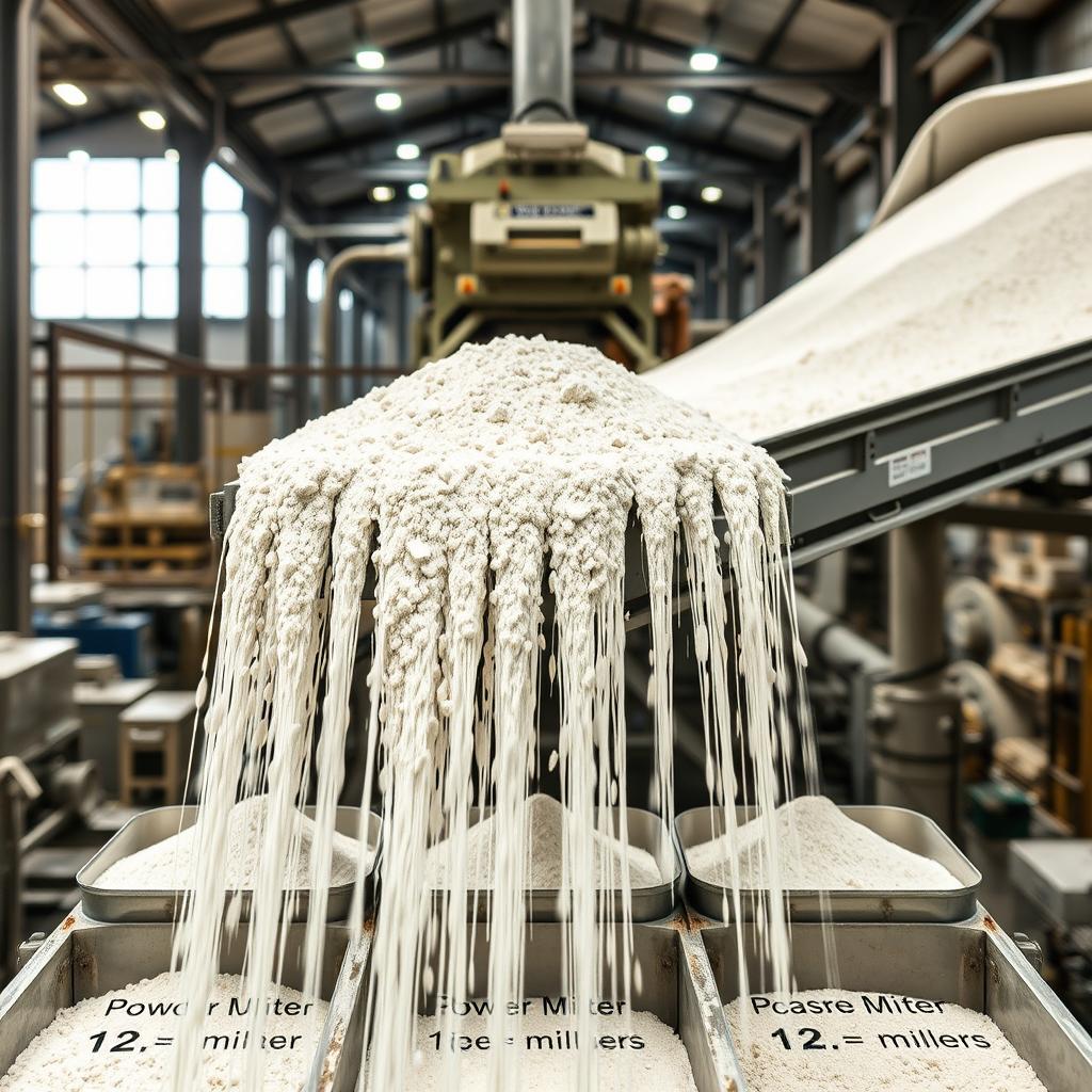 White bentonite mineral moving on a conveyor belt from the factory yard into the factory, where it is being poured into sand stonemasonry with three output sizes: powder under 1 millimeter, size 1-3 millimeters, and larger than 3 millimeters