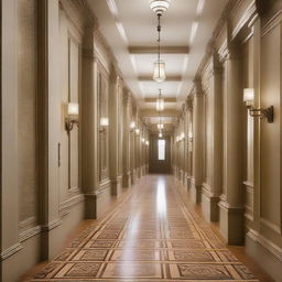 A very long and expansive hallway with architectural details derived from the design elements in the provided link.