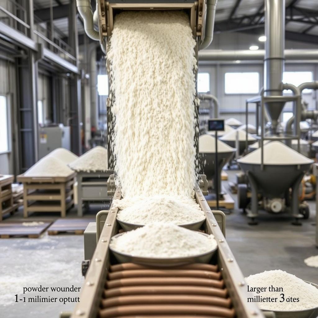 White bentonite mineral moving on a conveyor belt from the factory yard into the factory
