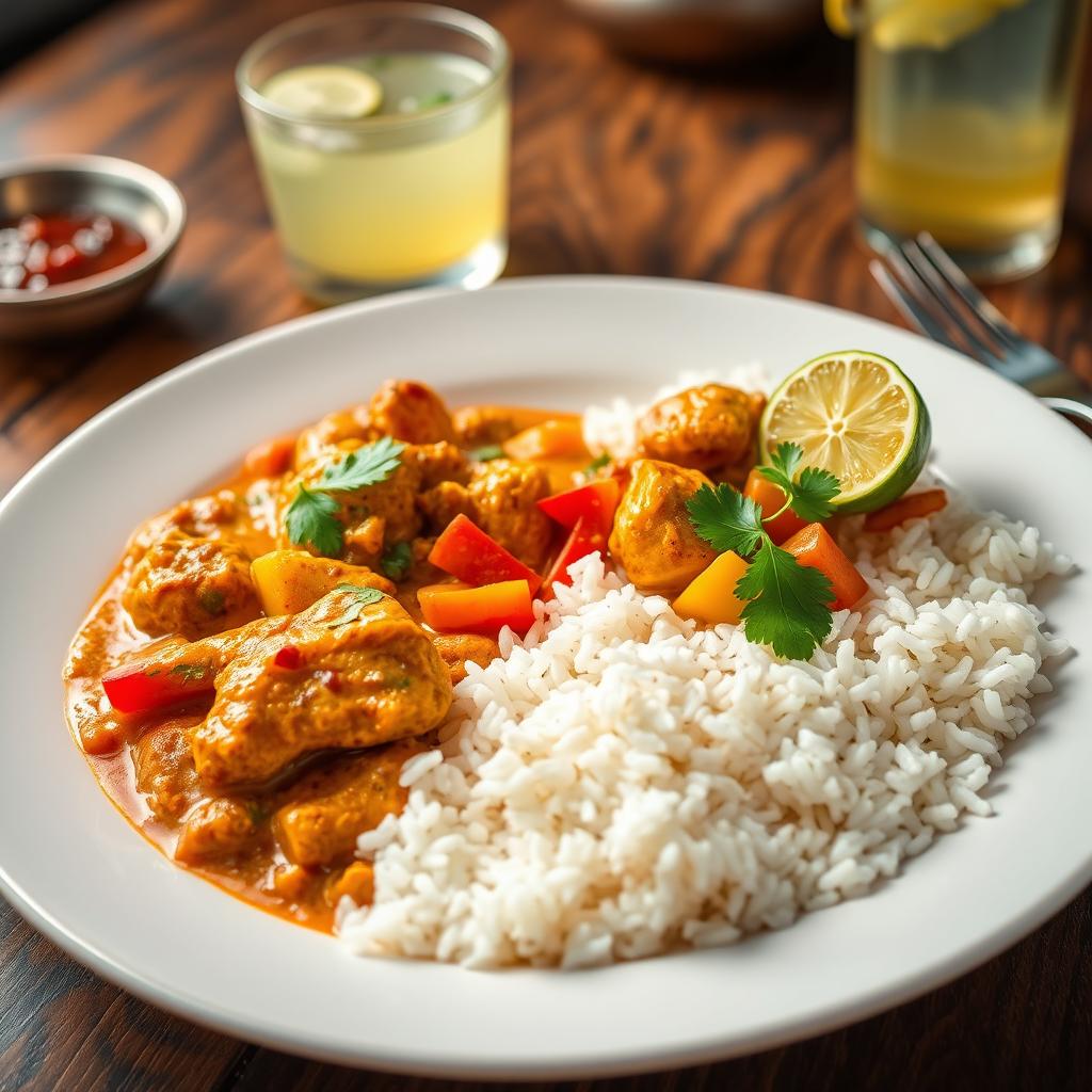 A beautifully presented plate of steaming rice accompanied by a rich, aromatic chicken curry