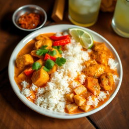A beautifully presented plate of steaming rice accompanied by a rich, aromatic chicken curry