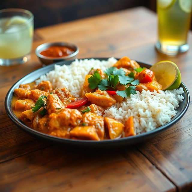 A beautifully presented plate of steaming rice accompanied by a rich, aromatic chicken curry