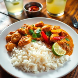 A beautifully presented plate of steaming rice accompanied by a rich, aromatic chicken curry