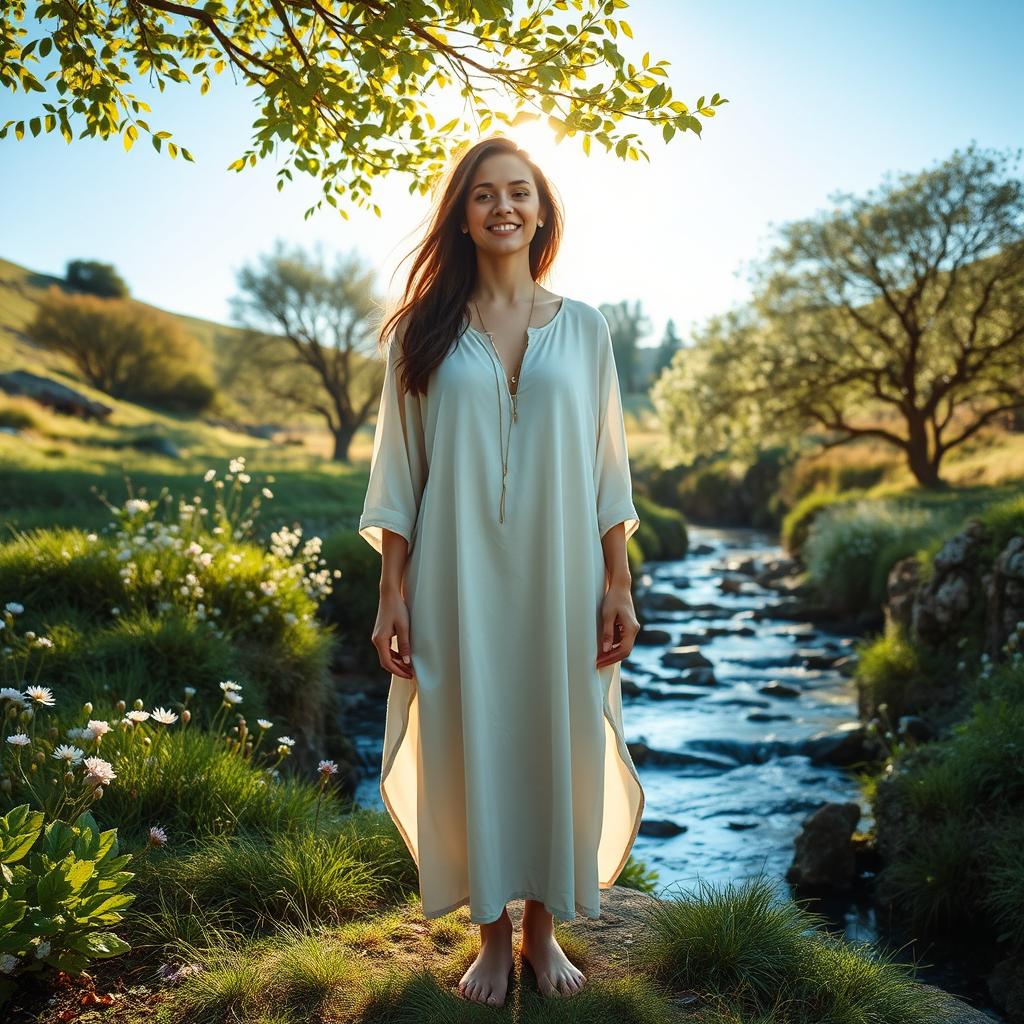 A person standing alone in a serene and tranquil environment, surrounded by nature, embodying peace and freedom