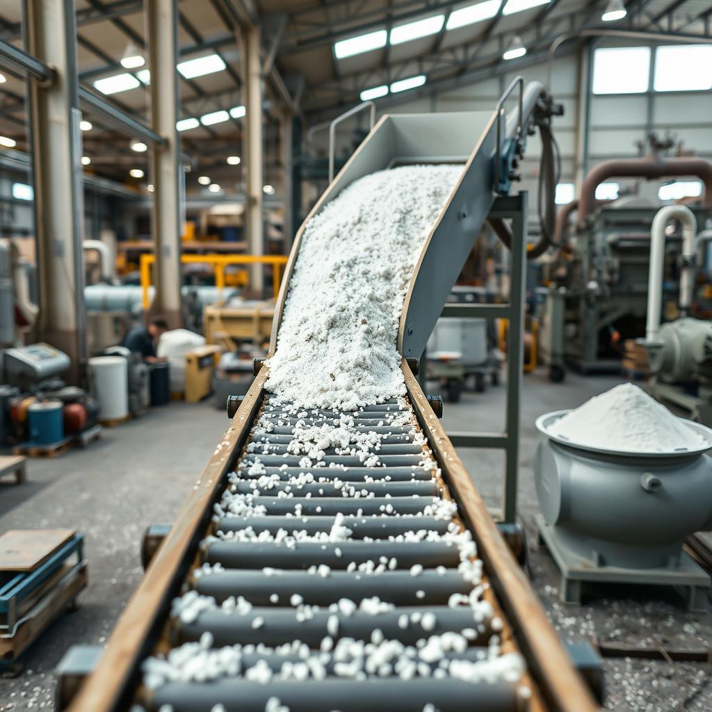 White bentonite mineral moving on a conveyor belt from the factory yard into the factory, where it is being poured into a sand gravel processing unit