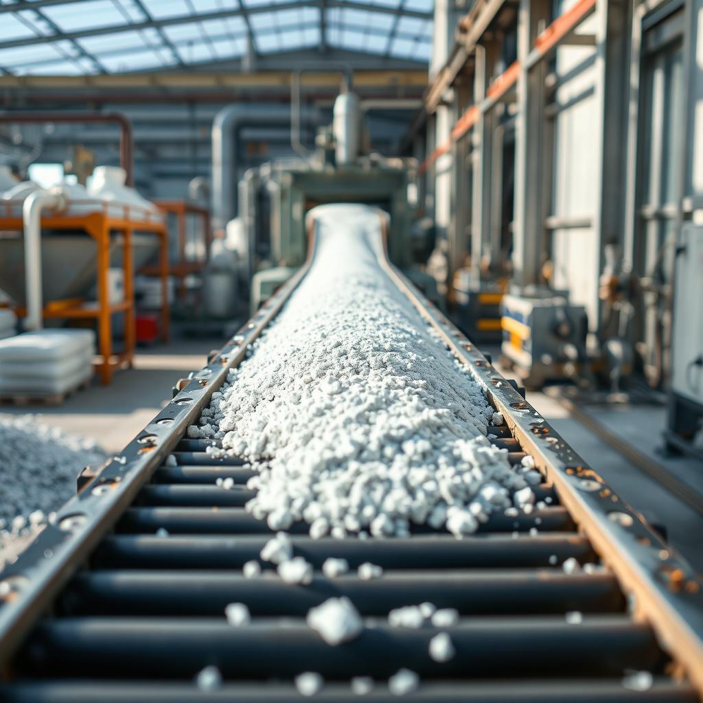 White bentonite mineral moving on a conveyor belt from the factory yard into the factory