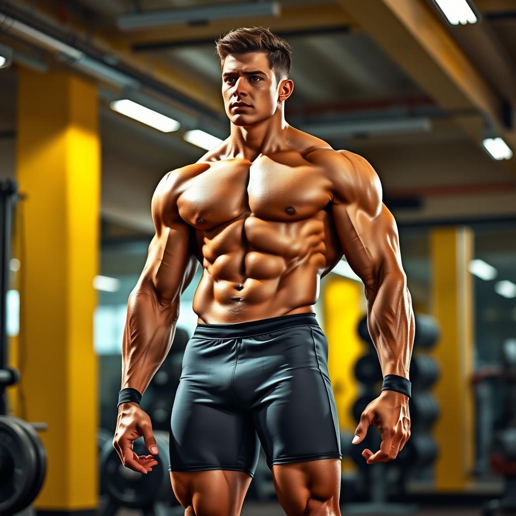 A realistic portrayal of a well-defined gym body showcasing a muscular physique, with strong arms and legs, toned abs, and a confident stance