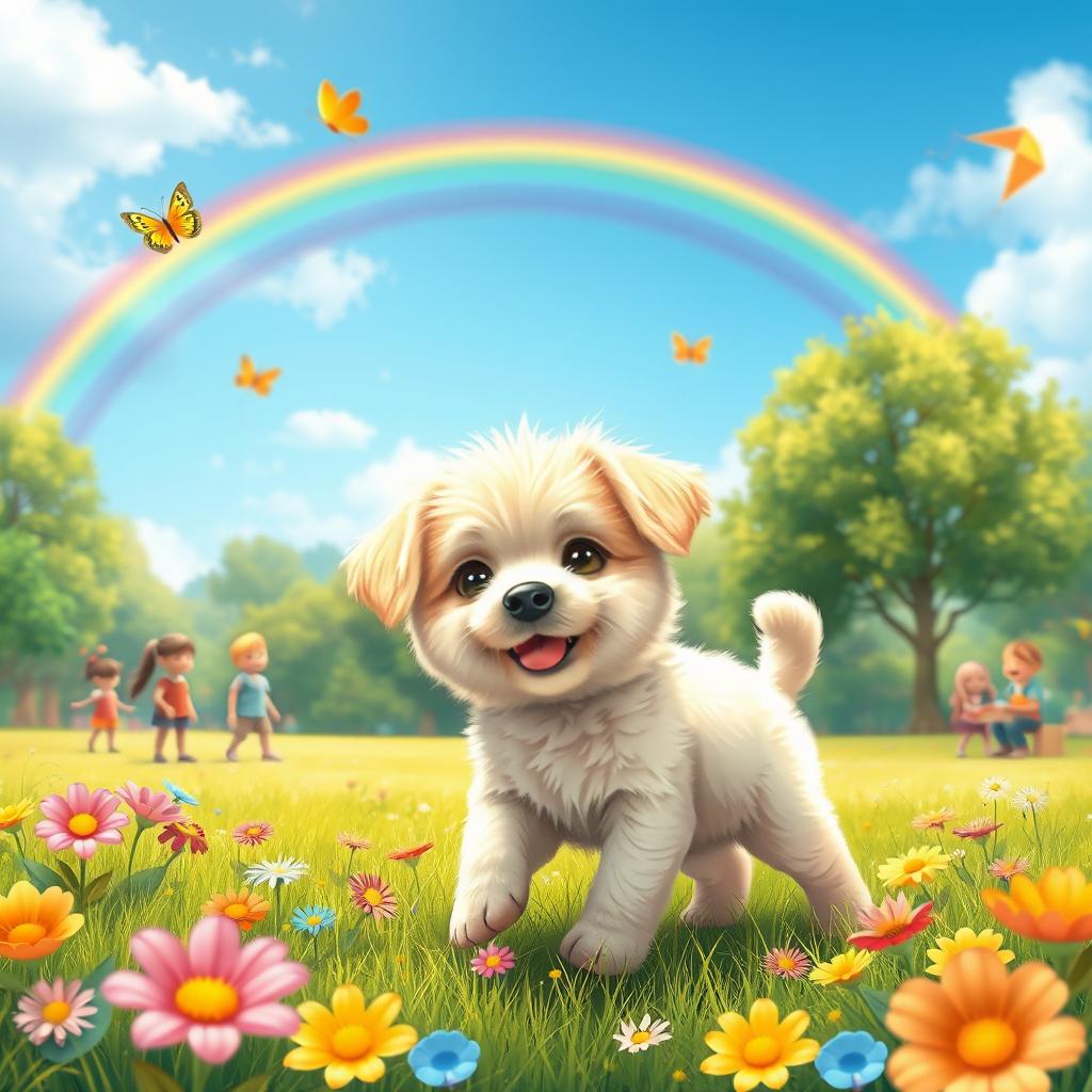 A whimsical scene featuring a cute, fluffy puppy playing in a sunny park, surrounded by colorful flowers and butterflies