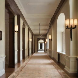 A very long and expansive hallway with architectural details derived from the design elements in the provided link.