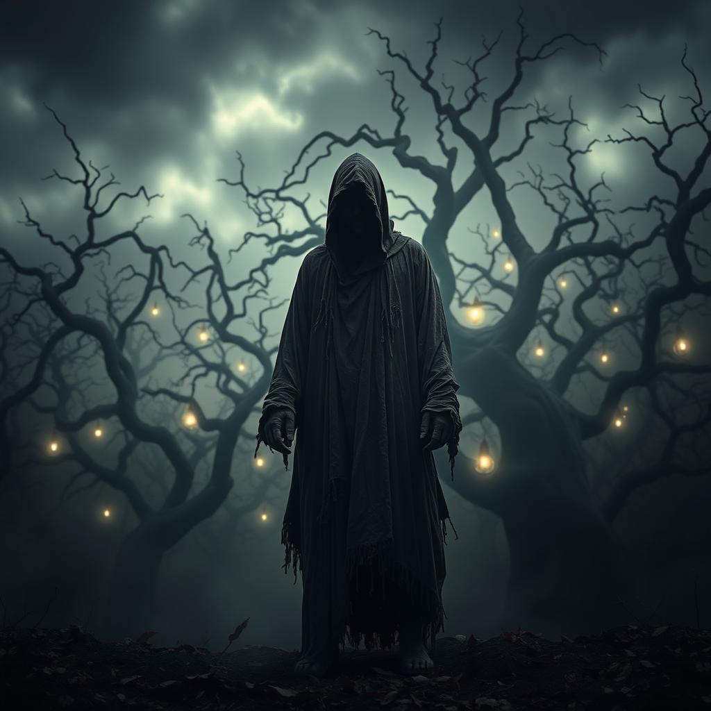 A mysterious figure standing alone in a dark, twisted forest, expressing a sense of freedom from societal values