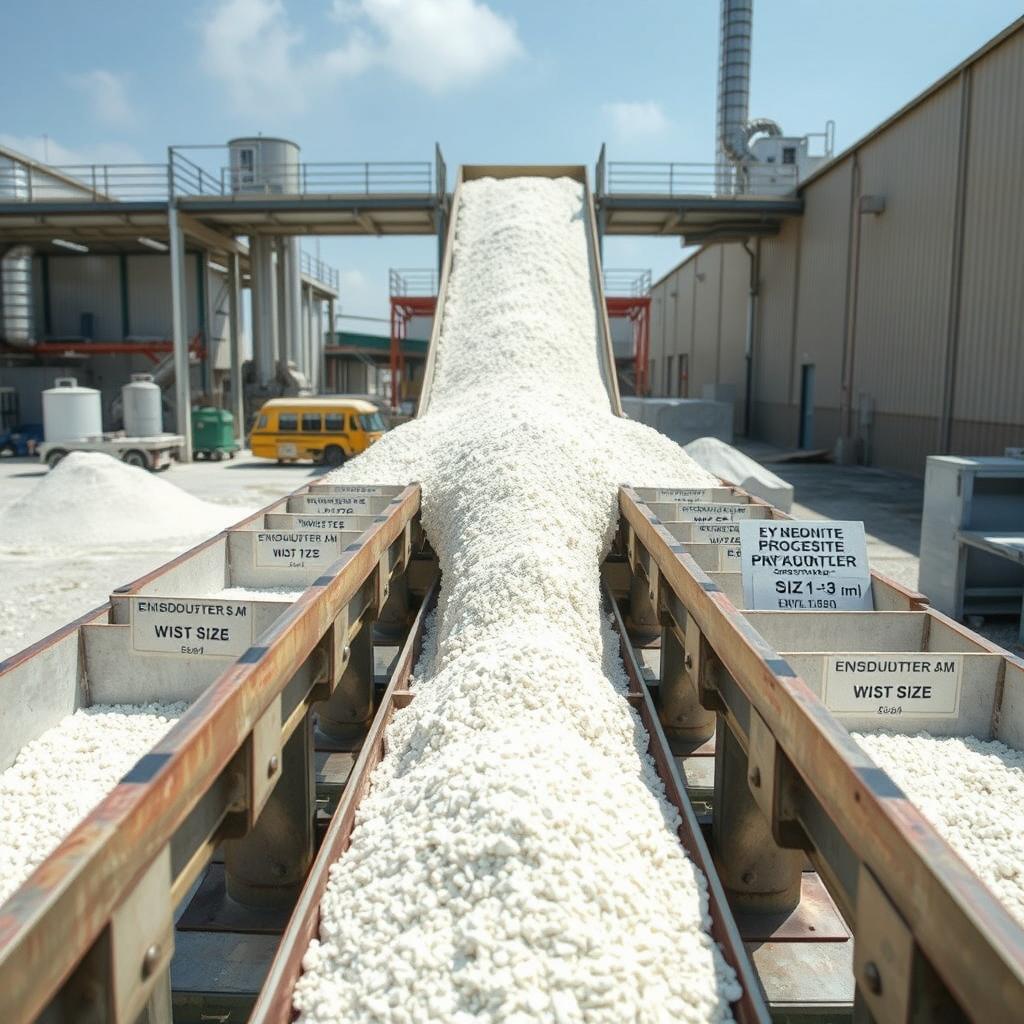 Wide-angle view of white bentonite mineral moving on a conveyor belt from the factory yard into the factory