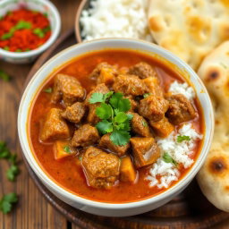 A delicious bowl of beef curry, showcasing tender chunks of beef simmered in a rich, aromatic sauce made with spices like cumin, coriander, and turmeric